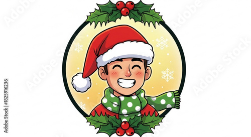 Cute cartoon boy wearing a red santa hat and green polka dot scarf smiling happily in a festive holly wreath frame