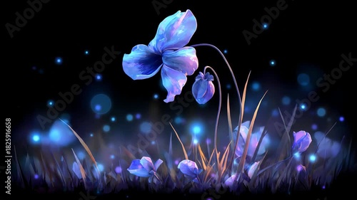 Fantasy blue flower illustration with glowing light effects and dark background