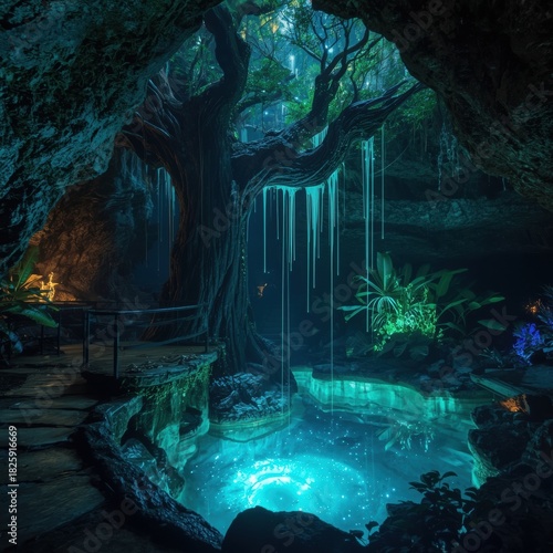 Magical glowing waterfall in a dark cave with bioluminescent organisms