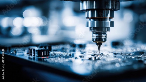 Close-up of a precision robotic soldering nozzle poised above a densely populated PCB. Concept Close-up soldering nozzle, Precision robotic soldering, High-density PCB assembly