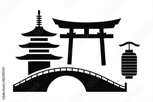 Japanese cultural symbols in black and white illustration composition art