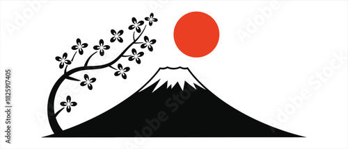 Mount Fuji iconic Japanese symbol with cherry blossom and rising sun