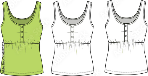 Women's empire waist tank top vector illustration, scoop neck henley, technical fashion sketch, front view, green and white clothing design template, casual summer wear.