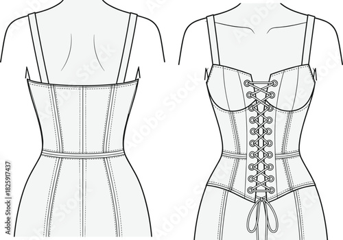 Women's corset vector illustration, front lace-up bustier flat sketch, boning detail, front and back view technical drawing template, lingerie fashion design mockup, isolated.