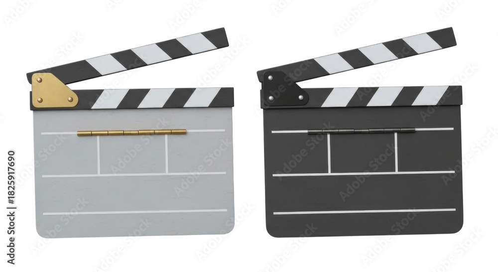 Fototapeta premium Two clapperboards one gray and one black side by side transparent background cutout png