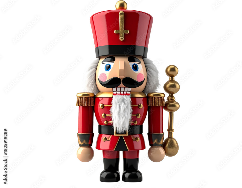 Obraz premium Traditional red nutcracker soldier with scepter isolated on transparent background