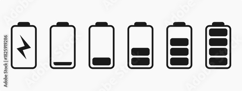 Minimalist battery status icons showing different charge levels. Ideal for UI design, mobile apps, power management graphics, and energy-related content.