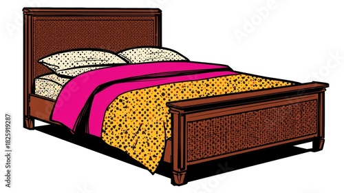 Classic wooden bed with patterned blankets and pillows