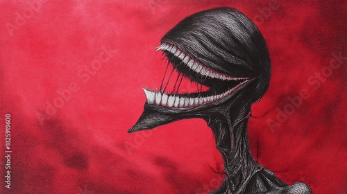 A horrifying dark creature with an elongated head and a wide, toothy mouth against a vibrant red background, evoking a sense of dread and the macabre