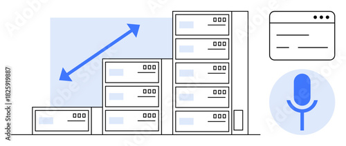 Stack of servers increasing in size, upward arrow indicating growth, browser window, and voice control icon. Ideal for technology, data storage, cloud computing, growth analysis, innovation digital