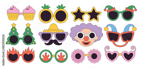 Party Eyeglasses Cartoon Set Vector Illustration Featuring Cute Spectacles With Christmas Tree, Daisy, Sombrero, Cupcakes, Clown Face, and Colorful Carnival Festival Accessory Designs