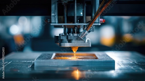 Close-up of a 3D printer nozzle extruding orange plastic onto the print bed. Concept 3D Printing, Nozzle Extrusion, Close-Up, Orange Filament, Additive Manufacturing
