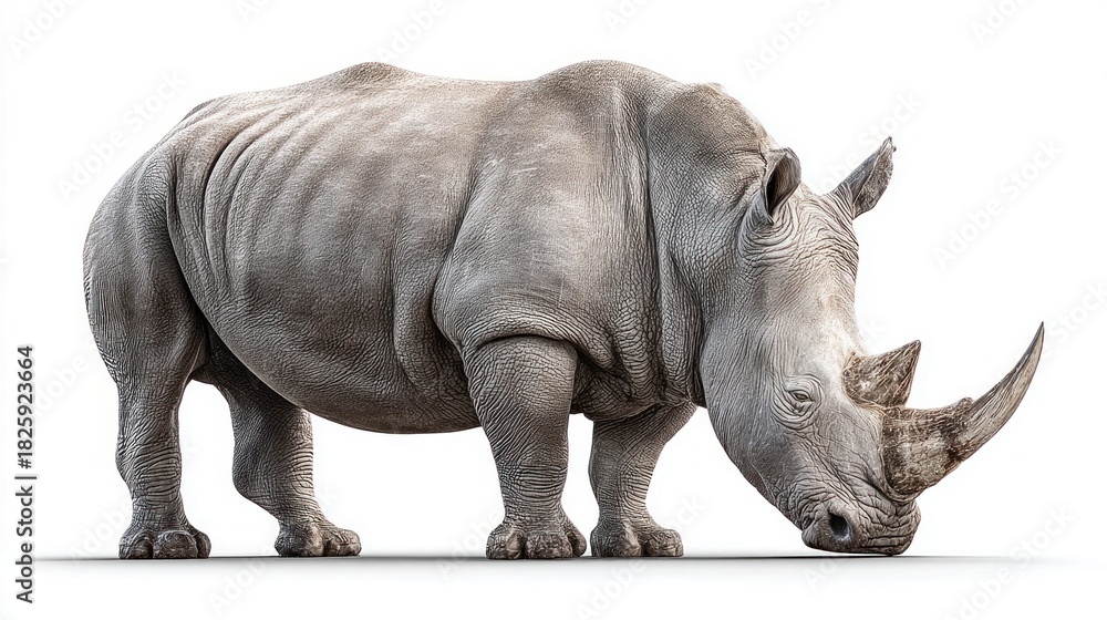 Obraz premium A majestic rhinoceros stands proudly against a clean white background