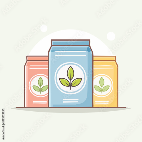 Three Bags Of Fertilizer With Leaf Symbol In Pastel Colors On A Light Green Background With Subtle Circles