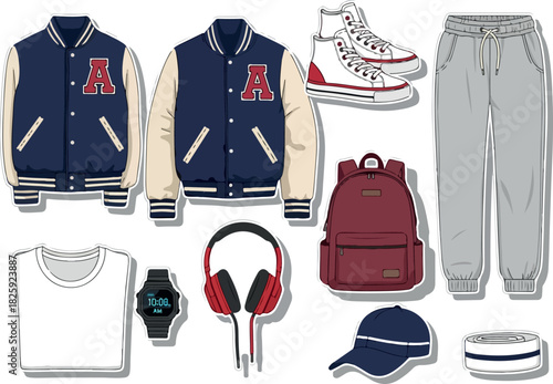 Illustration of Outfits Varsity Jacket, Sneaker, Tracksuit, and Casual Accessories