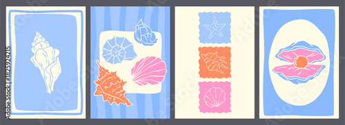 Marine posters set with seashell sketches in abstract frames. Vector illustration of minimalist stamps with shell, starfish, pearl and hand drawn color borders, underwater life design, tropical nature