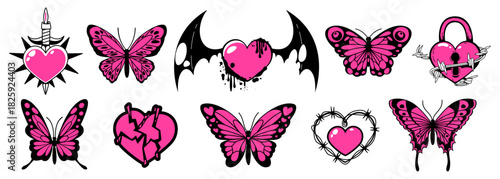 Gothic heart tattoo set with pink butterfly motifs and emo y2k aesthetics - barbed wire frame, bat wings and broken shape, dagger piercing and dripping blood effect. Vector edgy romantic designs.