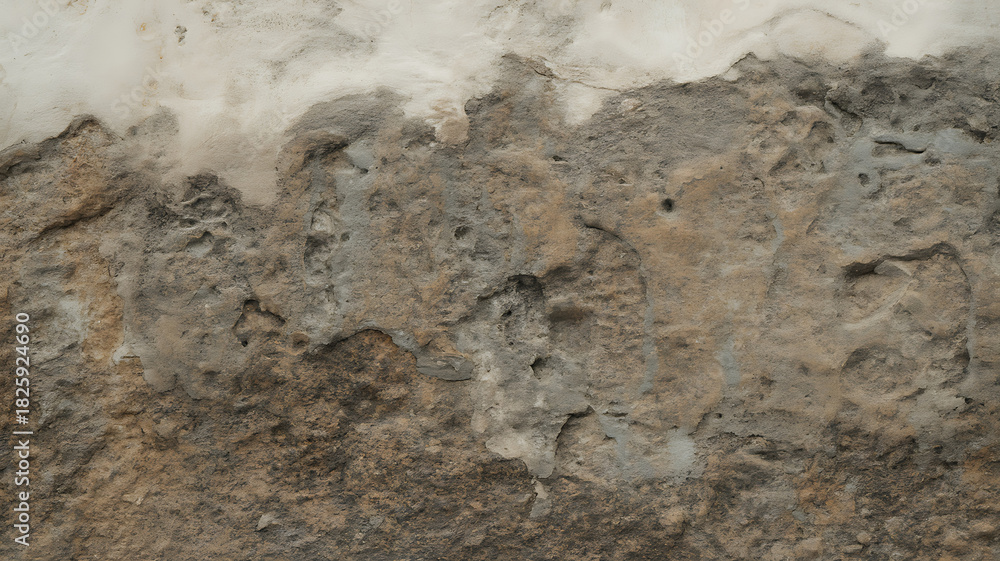Fototapeta premium Closeup texture of a weathered, crumbling stone wall with patches of white plaster