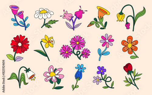 Groovy flower vector set with cute daisy patterns in retro 70s style. Spring floral elements with simple geometric shapes and childish designs. vintage Botanical illustrations with hippie aesthetic.