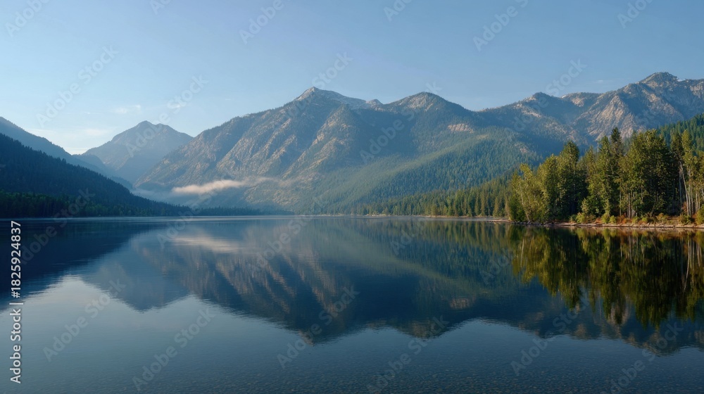 Fototapeta premium Early morning reveals a tranquil lake surrounded by majestic mountains. The still water perfectly mirrors the peaks and trees creating a serene landscape.