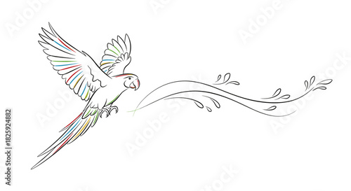 Colorful decorative divider featuring a flying parrot and flowing foliage