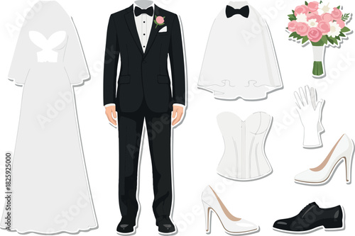Bridal Ensemble Wedding Attire and Accessories Illustration