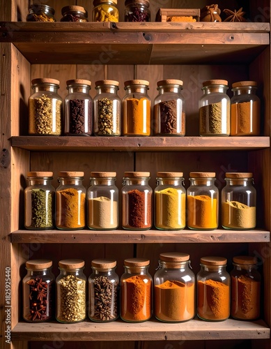 Rustic wooden spice rack filled with colorful spices in glass jars with cork lids