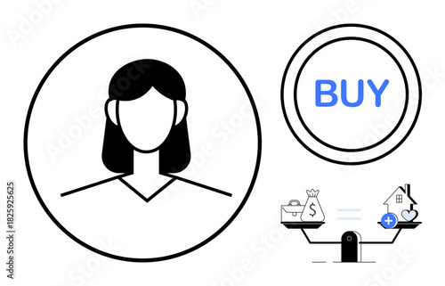 Financial decision concept. Visualizing financial choices with a scale, balancing assets, and purchase decisions. Financial decision-making for online shopping, investment, fintech, e-commerce