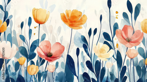 Watercolor floral garden with yellow orange and pink flowers and blue leaves art