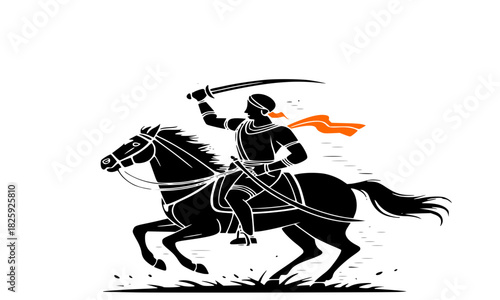 Indian warrior on galloping horse silhouette with sword, action cavalier vector illustration, dynamic battle graphic design, historical king with orange scarf