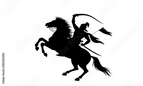 Historical warrior on rearing horse silhouette, dynamic female or male cavalier vector icon, power and courage symbol, traditional Indian king/queen graphic