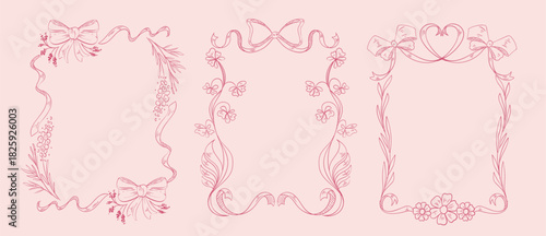 Coquette flower and ribbon frames set. Vector illustration of whimsical pink line borders decorated with floral design elements and bows, vintage style wedding invitation decor, elegant girly wreath