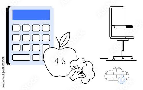 Calculator, apple, broccoli, modern office chair, and cloud. Ideal for work-life balance, health, wellness minimalism sustainability productivity and diet. Simple flat metaphor