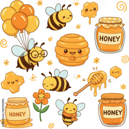 Cute cartoon honey bees, jars, beehive, dipper, and floral decor