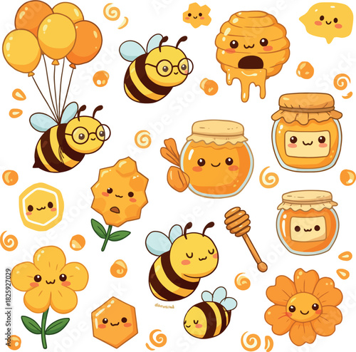 Cute honey bee and sweet golden honey products cartoon icons