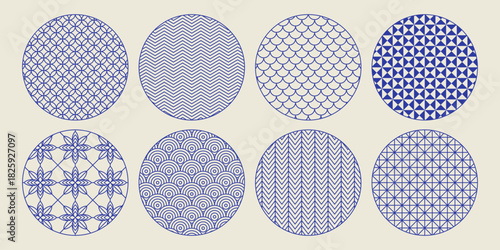 Traditional Japanese pattern set with oriental circle frames and Asian design elements. China and Japan style ornaments, geometric shapes, flower motifs and decorative icons in classic illustration.