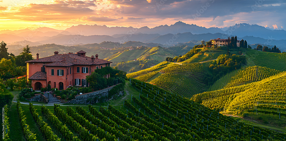 Naklejka premium Serene countryside vineyard scenery with rolling hills, ancient stone farmhouse, and classic wine-growing culture under warm golden sunlight