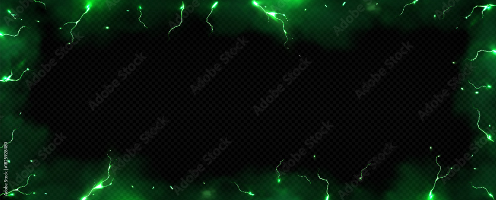 Naklejka premium Green smoke and lightning background with thunder effect on black. Magic light frame with toxic fog, energy bolts and wizard glow. Transparent overlay with creepy mysterious elements and neon border.