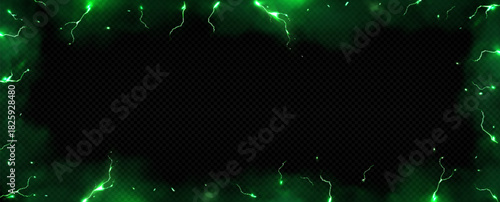 Green smoke and lightning background with thunder effect on black. Magic light frame with toxic fog, energy bolts and wizard glow. Transparent overlay with creepy mysterious elements and neon border.