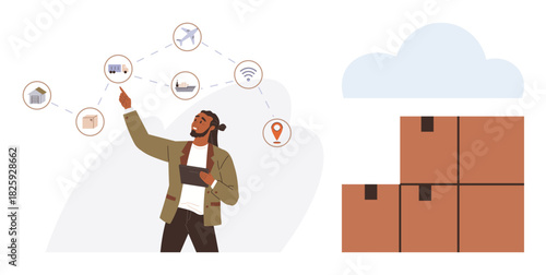 Person using tablet and pointing to a network of delivery and transport icons, linked to boxes and cloud. Ideal for supply chain, logistics, innovation, technology, global trade, efficiency, simple