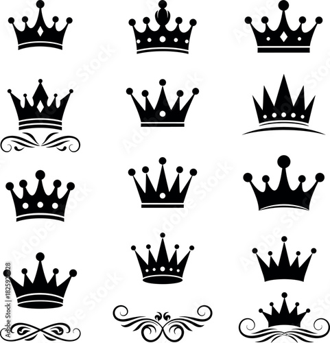 Elegant collection of black crown vector silhouettes and designs