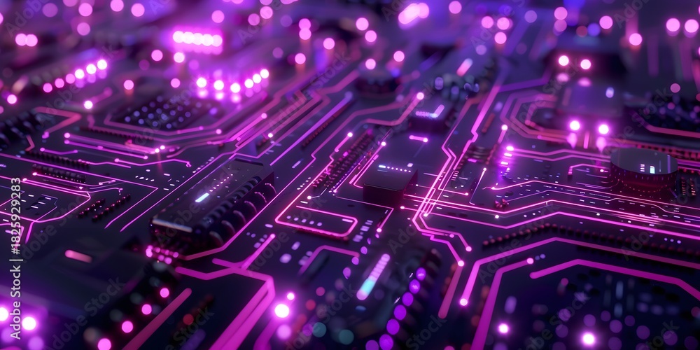 Fototapeta premium Vibrant circuit board with glowing purple lights, representing advanced technology and data flow.