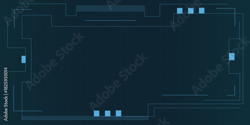Abstract futuristic HUD frame on grid background. Vector realistic computer system interface with neon blue lines, blank radar screen, virtual network ui, hi tech infographic box, data scan window