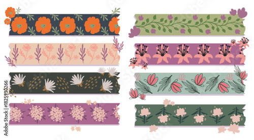 Floral washi tapes collection isolated on white background. Vector illustration of color strips with seamless hand drawn flower and plant pattern, organic scrapbook decor pieces with uneven torn edges