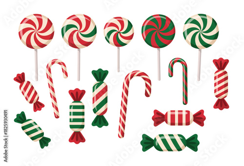 Set of Candies Vector Artwork Showing Assorted Wrapped Sweets, Lollipops, Confections, and Dessert Icons Arranged in Bright Decorative Style for Fun Food Illustration and Creative Design Projects