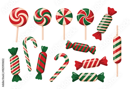 Set of Candies Vector Artwork Showing Assorted Wrapped Sweets, Lollipops, Confections, and Dessert Icons Arranged in Bright Decorative Style for Fun Food Illustration and Creative Design Projects