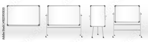 Whiteboard office mockup with tripod stand - 3D realistic presentation board for business meetings and classroom training. Blank white magnetic surface with frame for charts and brainstorming session