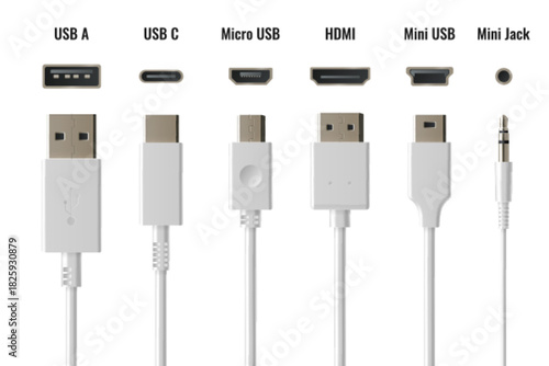 Mobile phone chargers and ports set isolated on white background. Vector realistic illustration of mini, micro usb, type c, jack sockets, input and output wire connectors for charging, data transfer