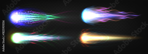 Rocket fire trail effect with flame jet propulsion in neon colors. 3D spaceship engine blast with glowing comet tail for game VFX. Plasma light with speed motion effect on transparent background.