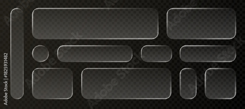 Liquid glass frames and buttons set isolated on transparent background. Vector realistic illustration of glass morphism text boxes, menu windows, search bars, website or mobile app ui design elements
